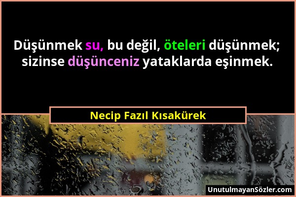 Necip Fazıl Kısakürek - Düşünmek su, bu değil, öteleri düşünmek; sizinse düşünceniz yataklarda eşinmek....