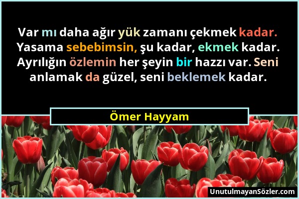 Ömer Hayyam - Var mı daha ağır yük zamanı çekmek kadar. Yasama sebebimsin, şu kadar, ekmek kadar. Ayrılığın özlemin her şeyin bir hazzı var. Seni anla...