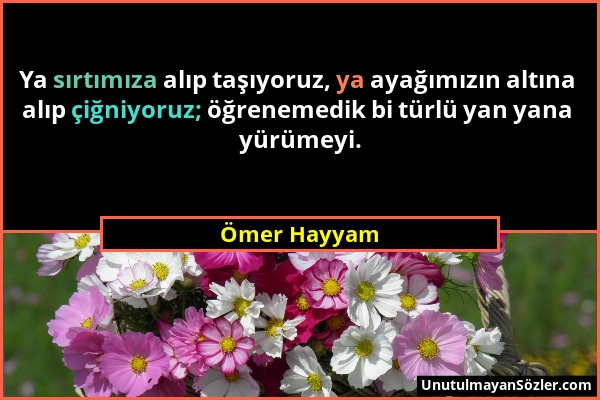 Ömer Hayyam - Ya sırtımıza alıp taşıyoruz, ya ayağımızın altına alıp çiğniyoruz; öğrenemedik bi türlü yan yana yürümeyi....