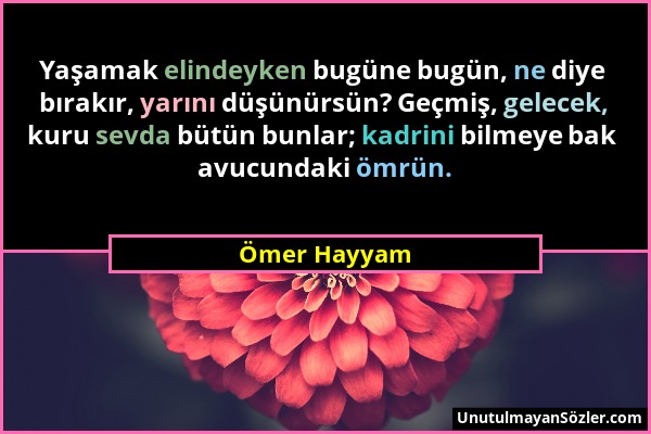 Ömer Hayyam - Yaşamak elindeyken bugüne bugün, ne diye bırakır, yarını düşünürsün? Geçmiş, gelecek, kuru sevda bütün bunlar; kadrini bilmeye bak avucu...