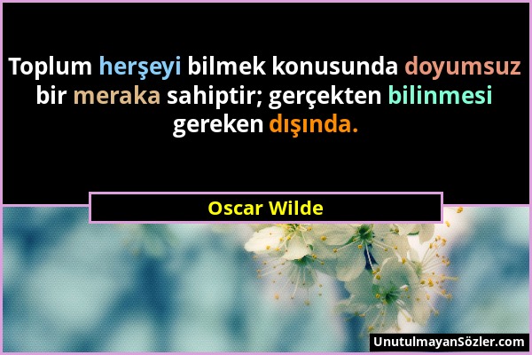 Oscar Wilde - Toplum herşeyi bilmek konusunda doyumsuz bir meraka sahiptir; gerçekten bilinmesi gereken dışında....