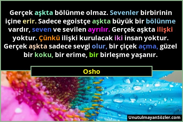 Osho - Gerçek aşkta bölünme olmaz. Sevenler birbirinin içine erir. Sadece egoistçe aşkta büyük bir bölünme vardır, seven ve sevilen ayrılır. Gerçek aş...