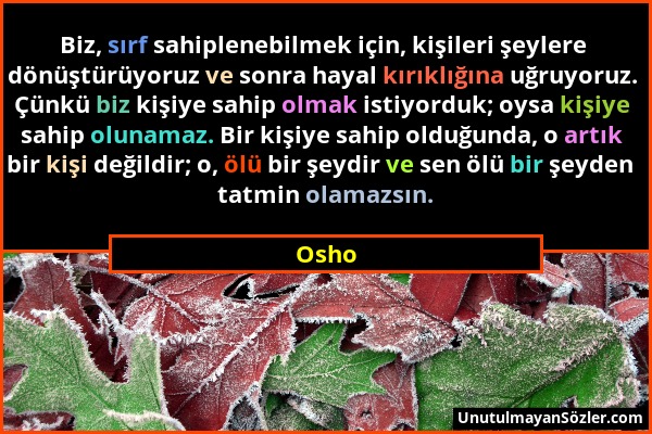 Osho - Biz, sırf sahiplenebilmek için, kişileri şeylere dönüştürüyoruz ve sonra hayal kırıklığına uğruyoruz. Çünkü biz kişiye sahip olmak istiyorduk;...