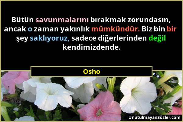 Osho - Bütün savunmalarını bırakmak zorundasın, ancak o zaman yakınlık mümkündür. Biz bin bir şey saklıyoruz, sadece diğerlerinden değil kendimizdende...