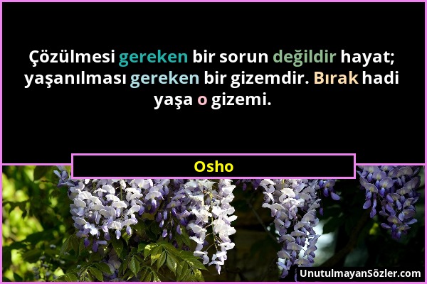 Osho - Çözülmesi gereken bir sorun değildir hayat; yaşanılması gereken bir gizemdir. Bırak hadi yaşa o gizemi....