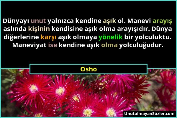 Osho - Dünyayı unut yalnızca kendine aşık ol. Manevi arayış aslında kişinin kendisine aşık olma arayışıdır. Dünya diğerlerine karşı aşık olmaya yöneli...