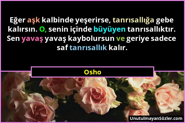 Osho - Eğer aşk kalbinde yeşerirse, tanrısallığa gebe kalırsın. O, senin içinde büyüyen tanrısallıktır. Sen yavaş yavaş kaybolursun ve geriye sadece s...