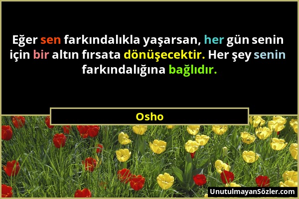 Osho - Eğer sen farkındalıkla yaşarsan, her gün senin için bir altın fırsata dönüşecektir. Her şey senin farkındalığına bağlıdır....