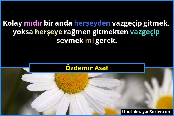 Özdemir Asaf - Kolay mıdır bir anda herşeyden vazgeçip gitmek, yoksa herşeye rağmen gitmekten vazgeçip sevmek mi gerek....