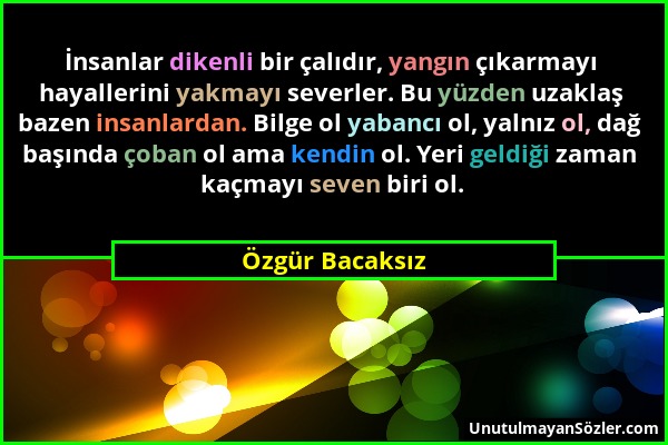 Özgür Bacaksız - İnsanlar dikenli bir çalıdır, yangın çıkarmayı hayallerini yakmayı severler. Bu yüzden uzaklaş bazen insanlardan. Bilge ol yabancı ol...