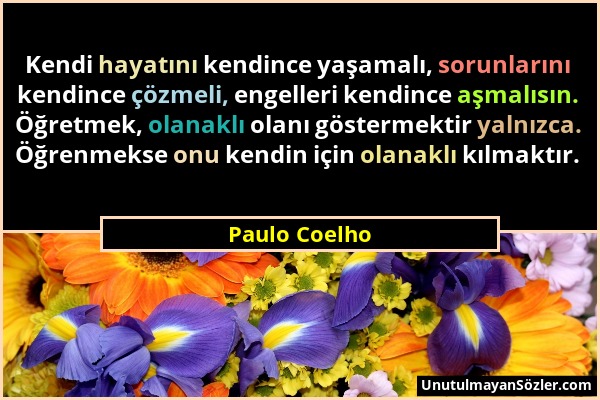 Paulo Coelho - Kendi hayatını kendince yaşamalı, sorunlarını kendince çözmeli, engelleri kendince aşmalısın. Öğretmek, olanaklı olanı göstermektir yal...