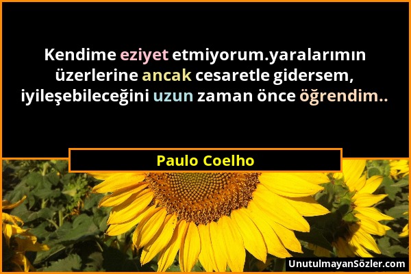 Paulo Coelho - Kendime eziyet etmiyorum.yaralarımın üzerlerine ancak cesaretle gidersem, iyileşebileceğini uzun zaman önce öğrendim.....