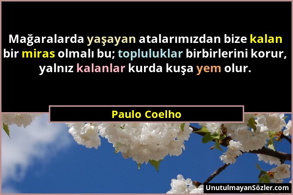 Paulo Coelho - Mağaralarda yaşayan atalarımızdan bize kalan bir miras olmalı bu; topluluklar birbirlerini korur, yalnız kalanlar kurda kuşa yem olur....