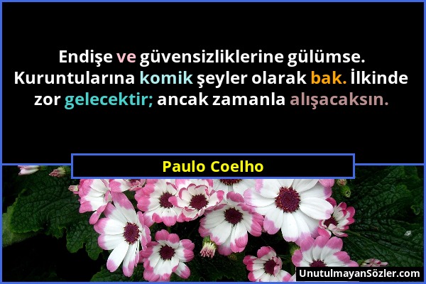 Paulo Coelho - Endişe ve güvensizliklerine gülümse. Kuruntularına komik şeyler olarak bak. İlkinde zor gelecektir; ancak zamanla alışacaksın....