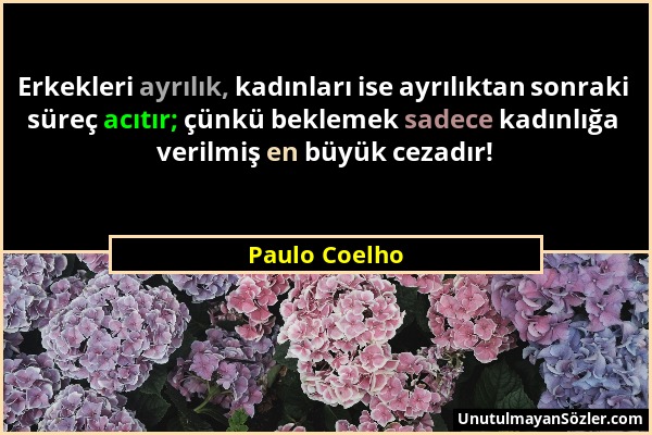 Paulo Coelho - Erkekleri ayrılık, kadınları ise ayrılıktan sonraki süreç acıtır; çünkü beklemek sadece kadınlığa verilmiş en büyük cezadır!...