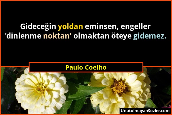 Paulo Coelho - Gideceğin yoldan eminsen, engeller 'dinlenme noktan' olmaktan öteye gidemez....