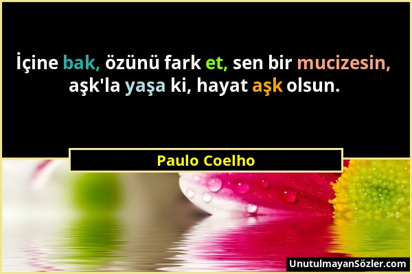 Paulo Coelho - İçine bak, özünü fark et, sen bir mucizesin, aşk'la yaşa ki, hayat aşk olsun....