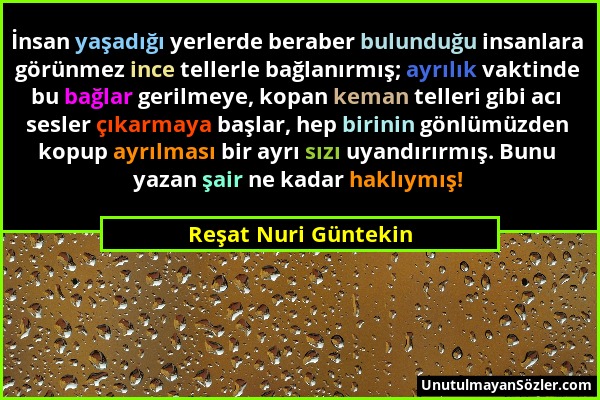 Reşat Nuri Güntekin - İnsan yaşadığı yerlerde beraber bulunduğu insanlara görünmez ince tellerle bağlanırmış; ayrılık vaktinde bu bağlar gerilmeye, ko...