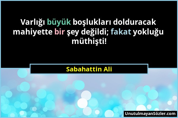 Sabahattin Ali - Varlığı büyük boşlukları dolduracak mahiyette bir şey değildi; fakat yokluğu müthişti!...