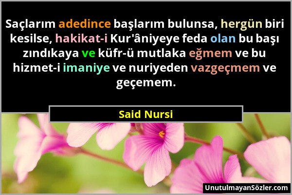 Said Nursi - Saçlarım adedince başlarım bulunsa, hergün biri kesilse, hakikat-i Kur'âniyeye feda olan bu başı zındıkaya ve küfr-ü mutlaka eğmem ve bu...