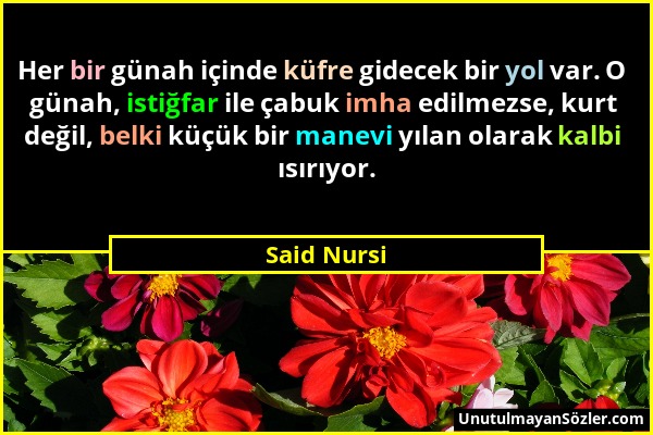 Said Nursi - Her bir günah içinde küfre gidecek bir yol var. O günah, istiğfar ile çabuk imha edilmezse, kurt değil, belki küçük bir manevi yılan olar...