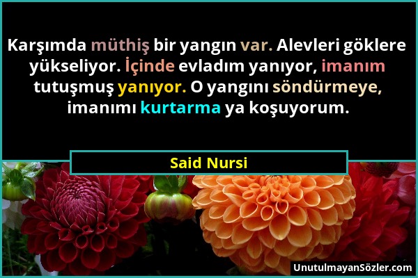 Said Nursi - Karşımda müthiş bir yangın var. Alevleri göklere yükseliyor. İçinde evladım yanıyor, imanım tutuşmuş yanıyor. O yangını söndürmeye, imanı...