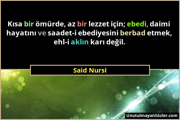 Said Nursi - Kısa bir ömürde, az bir lezzet için; ebedi, daimi hayatını ve saadet-i ebediyesini berbad etmek, ehl-i aklın karı değil....