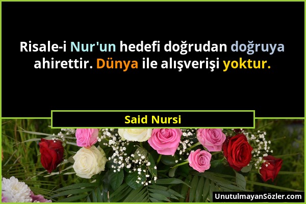 Said Nursi - Risale-i Nur'un hedefi doğrudan doğruya ahirettir. Dünya ile alışverişi yoktur....