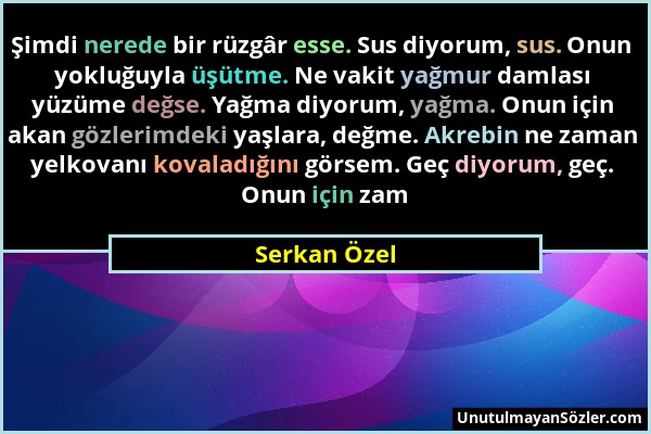 Serkan Özel - Şimdi nerede bir rüzgâr esse. Sus diyorum, sus. Onun yokluğuyla üşütme. Ne vakit yağmur damlası yüzüme değse. Yağma diyorum, yağma. Onun...