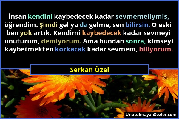 Serkan Özel - İnsan kendini kaybedecek kadar sevmemeliymiş, öğrendim. Şimdi gel ya da gelme, sen bilirsin. O eski ben yok artık. Kendimi kaybedecek ka...