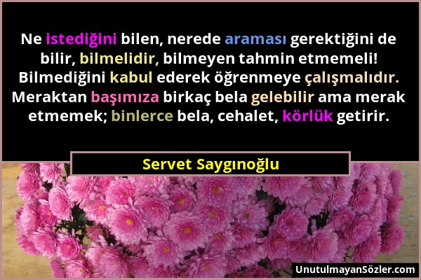 Servet Saygınoğlu - Ne istediğini bilen, nerede araması gerektiğini de bilir, bilmelidir, bilmeyen tahmin etmemeli! Bilmediğini kabul ederek öğrenmeye...