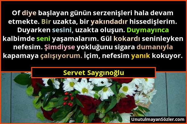 Servet Saygınoğlu - Of diye başlayan günün serzenişleri hala devam etmekte. Bir uzakta, bir yakındadır hissedişlerim. Duyarken sesini, uzakta oluşun....