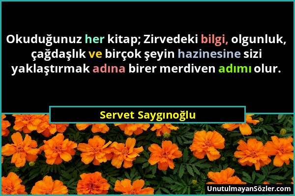 Servet Saygınoğlu - Okuduğunuz her kitap; Zirvedeki bilgi, olgunluk, çağdaşlık ve birçok şeyin hazinesine sizi yaklaştırmak adına birer merdiven adımı...