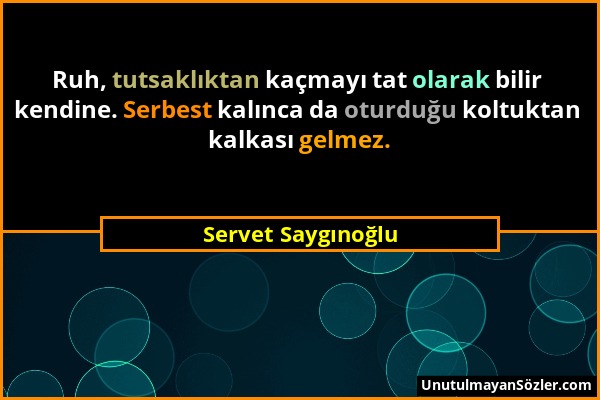 Servet Saygınoğlu - Ruh, tutsaklıktan kaçmayı tat olarak bilir kendine. Serbest kalınca da oturduğu koltuktan kalkası gelmez....