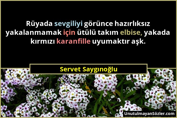 Servet Saygınoğlu - Rüyada sevgiliyi görünce hazırlıksız yakalanmamak için ütülü takım elbise, yakada kırmızı karanfille uyumaktır aşk....