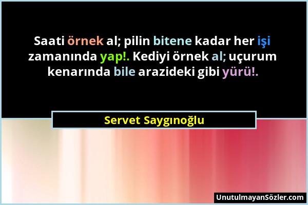 Servet Saygınoğlu - Saati örnek al; pilin bitene kadar her işi zamanında yap!. Kediyi örnek al; uçurum kenarında bile arazideki gibi yürü!....