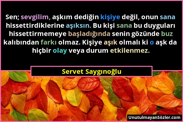 Servet Saygınoğlu - Sen; sevgilim, aşkım dediğin kişiye değil, onun sana hissettirdiklerine aşıksın. Bu kişi sana bu duyguları hissettirmemeye başladı...