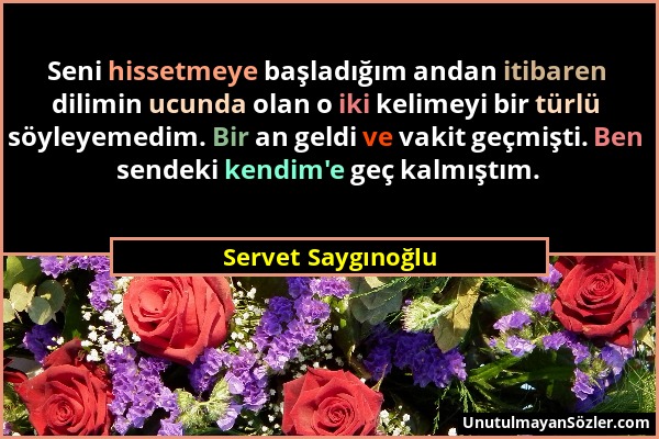 Servet Saygınoğlu - Seni hissetmeye başladığım andan itibaren dilimin ucunda olan o iki kelimeyi bir türlü söyleyemedim. Bir an geldi ve vakit geçmişt...