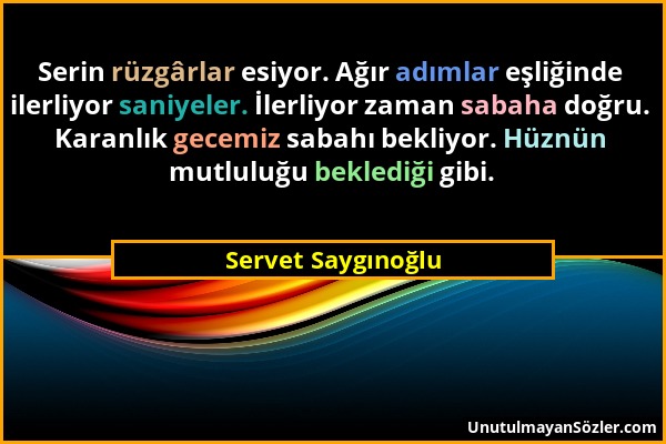 Servet Saygınoğlu - Serin rüzgârlar esiyor. Ağır adımlar eşliğinde ilerliyor saniyeler. İlerliyor zaman sabaha doğru. Karanlık gecemiz sabahı bekliyor...