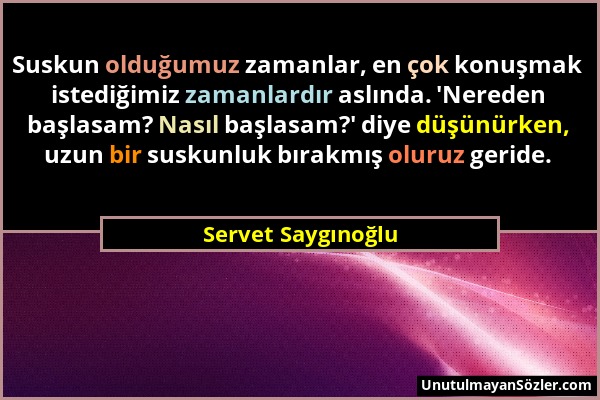 Servet Saygınoğlu - Suskun olduğumuz zamanlar, en çok konuşmak istediğimiz zamanlardır aslında. 'Nereden başlasam? Nasıl başlasam?' diye düşünürken, u...