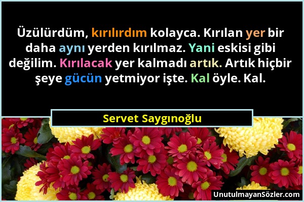 Servet Saygınoğlu - Üzülürdüm, kırılırdım kolayca. Kırılan yer bir daha aynı yerden kırılmaz. Yani eskisi gibi değilim. Kırılacak yer kalmadı artık. A...