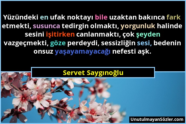 Servet Saygınoğlu - Yüzündeki en ufak noktayı bile uzaktan bakınca fark etmekti, susunca tedirgin olmaktı, yorgunluk halinde sesini işitirken canlanma...