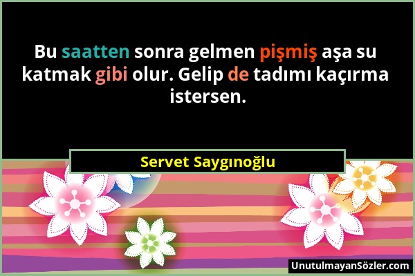 Servet Saygınoğlu - Bu saatten sonra gelmen pişmiş aşa su katmak gibi olur. Gelip de tadımı kaçırma istersen....