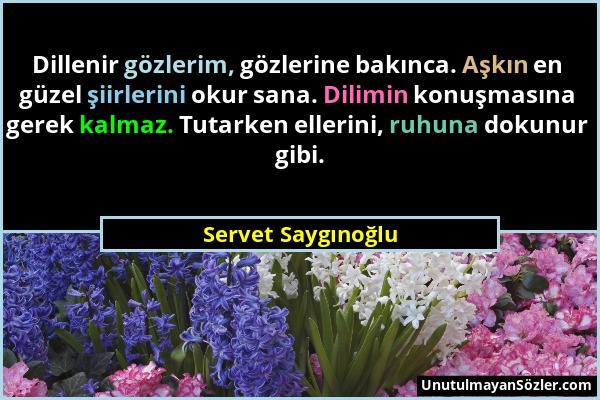 Servet Saygınoğlu - Dillenir gözlerim, gözlerine bakınca. Aşkın en güzel şiirlerini okur sana. Dilimin konuşmasına gerek kalmaz. Tutarken ellerini, ru...