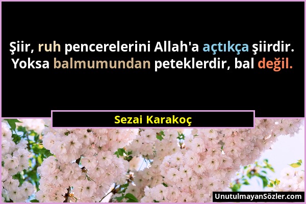 Sezai Karakoç - Şiir, ruh pencerelerini Allah'a açtıkça şiirdir. Yoksa balmumundan peteklerdir, bal değil....