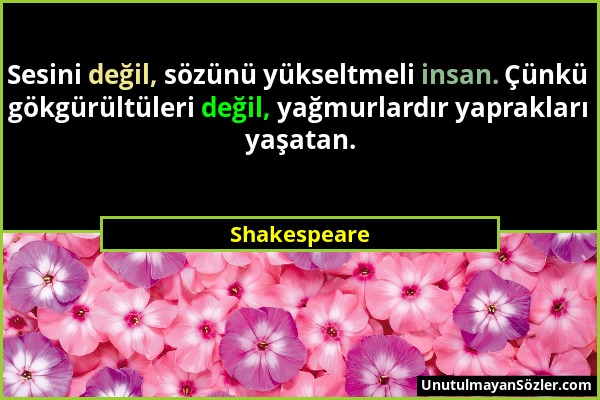 Shakespeare - Sesini değil, sözünü yükseltmeli insan. Çünkü gökgürültüleri değil, yağmurlardır yaprakları yaşatan....