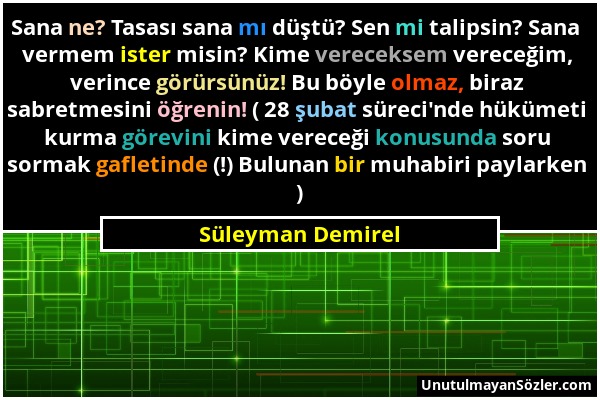 Süleyman Demirel - Sana ne? Tasası sana mı düştü? Sen mi talipsin? Sana vermem ister misin? Kime vereceksem vereceğim, verince görürsünüz! Bu böyle ol...