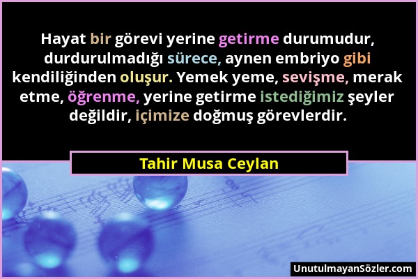 Tahir Musa Ceylan - Hayat bir görevi yerine getirme durumudur, durdurulmadığı sürece, aynen embriyo gibi kendiliğinden oluşur. Yemek yeme, sevişme, me...