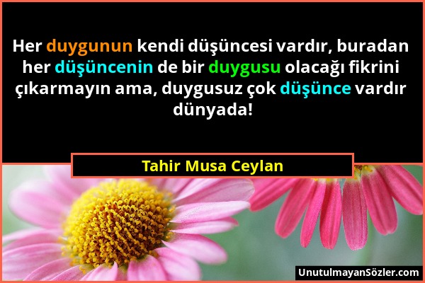 Tahir Musa Ceylan - Her duygunun kendi düşüncesi vardır, buradan her düşüncenin de bir duygusu olacağı fikrini çıkarmayın ama, duygusuz çok düşünce va...