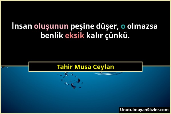 Tahir Musa Ceylan - İnsan oluşunun peşine düşer, o olmazsa benlik eksik kalır çünkü....